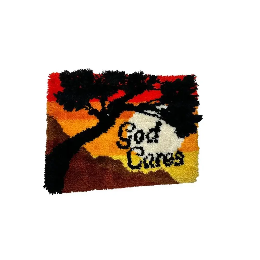 Vintage 70s Latch Hook Wall Decor Big Tree God Cares Pattern 17.5
